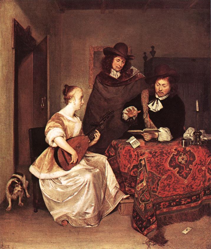 A Young Woman Playing a Theorbo to Two Men by Gerard Terborch